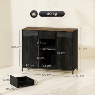 Aparador de 2 Puertas con Orificios, Aparador para Salón con Cajón, Compartimentos Abiertos, Estantes Ajustables, para Cocina, Entrada, Oficina, Negro y Marrón Rústico, 100x40x80 cm