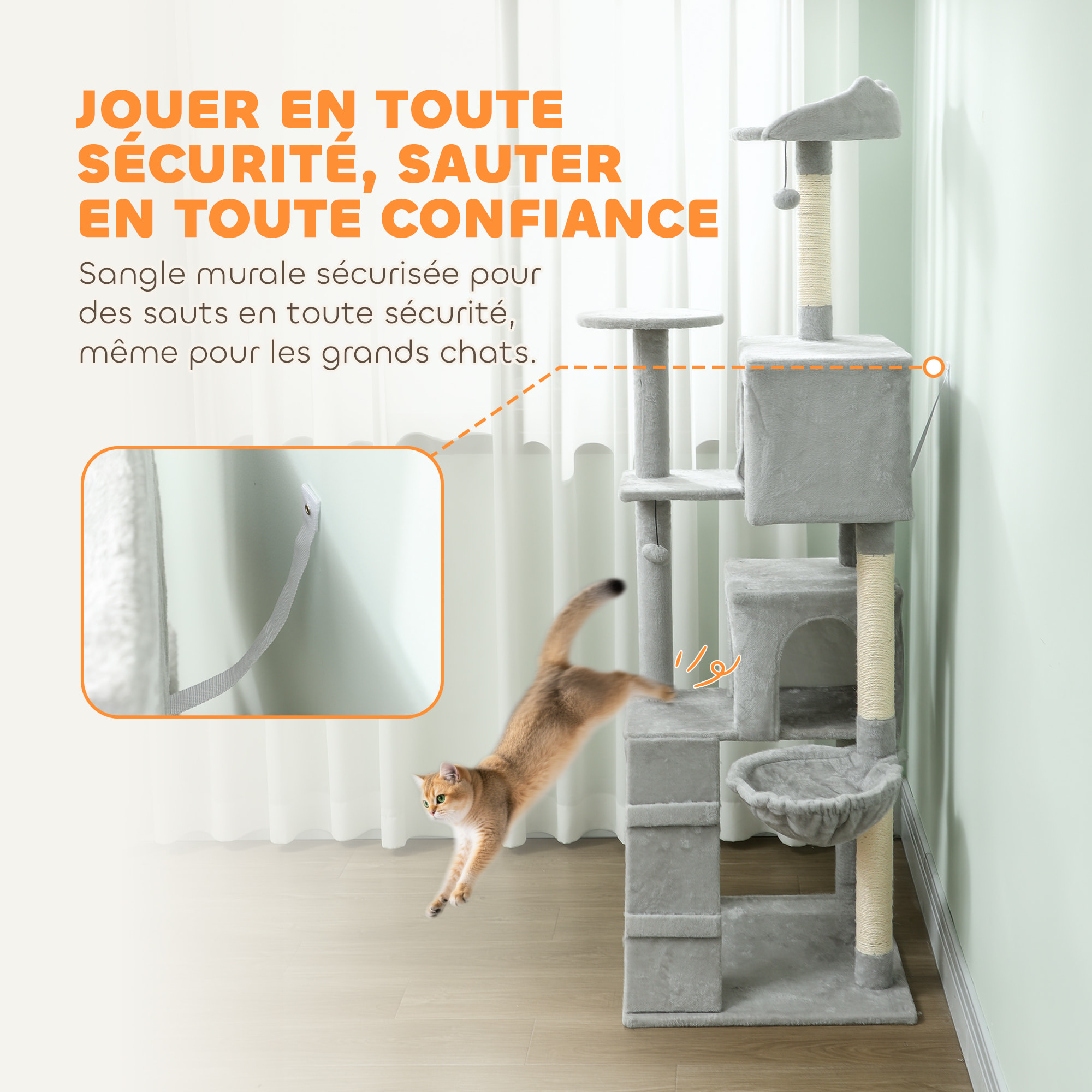 Arbre à chat grande taille H.180cm - niches, hamac, griffoirs, plateformes - gris clair