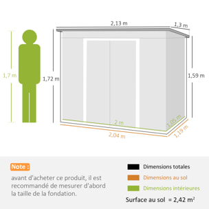 Abri de jardin - fondation incluse - cabanon 2 portes coulissantes - 213 x 130 x 172 cm - tôle acier anthracite