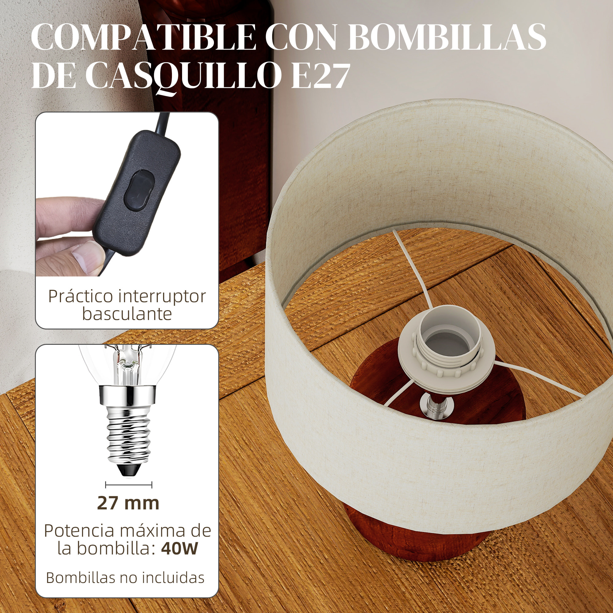 Lámpara de Mesa Rústica, Lámpara de Mesita de Noche con Base de Madera, Pantalla de Lino, Interruptor Basculante, para Dormitorio, Salón, E27, 40W, Marrón Oscuro