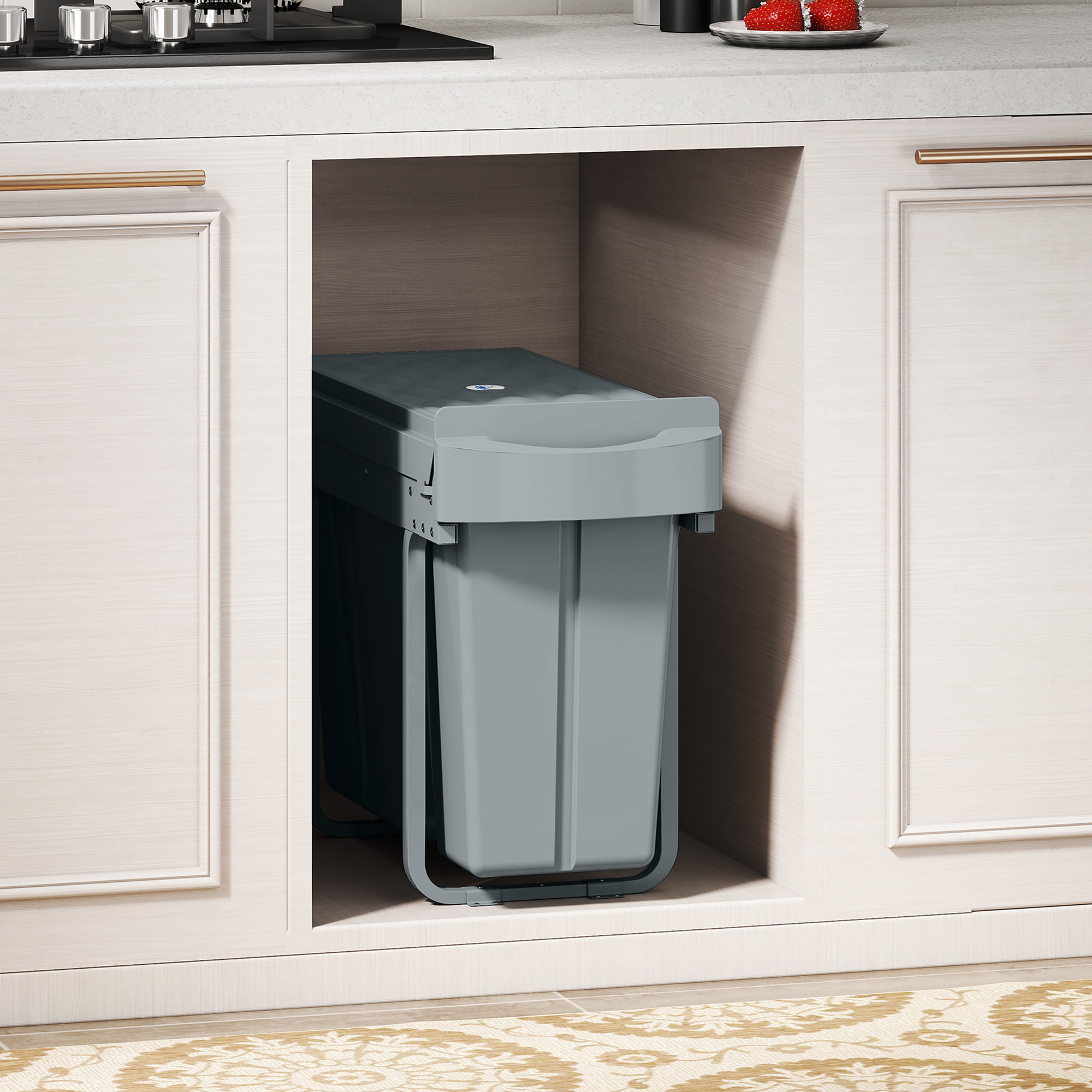 Cubo de Basura bajo Fregadero, Cubo de Basura Cocina, 2 Contenedores de Reciclaje Extraíble, 20L+10L, Deslizamiento Suave, Asa, Tapa con Patrón de Diamante, Gris