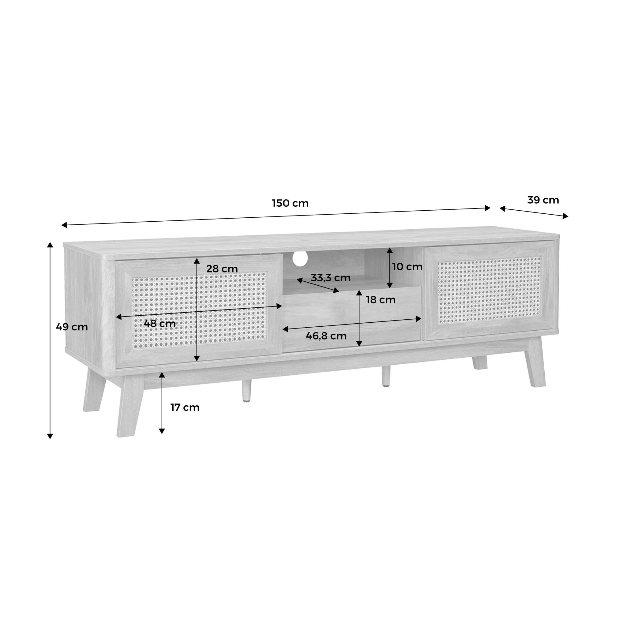 Meuble TV portes coulissantes. casier fermé. étagère effet bois et cannage 150cm