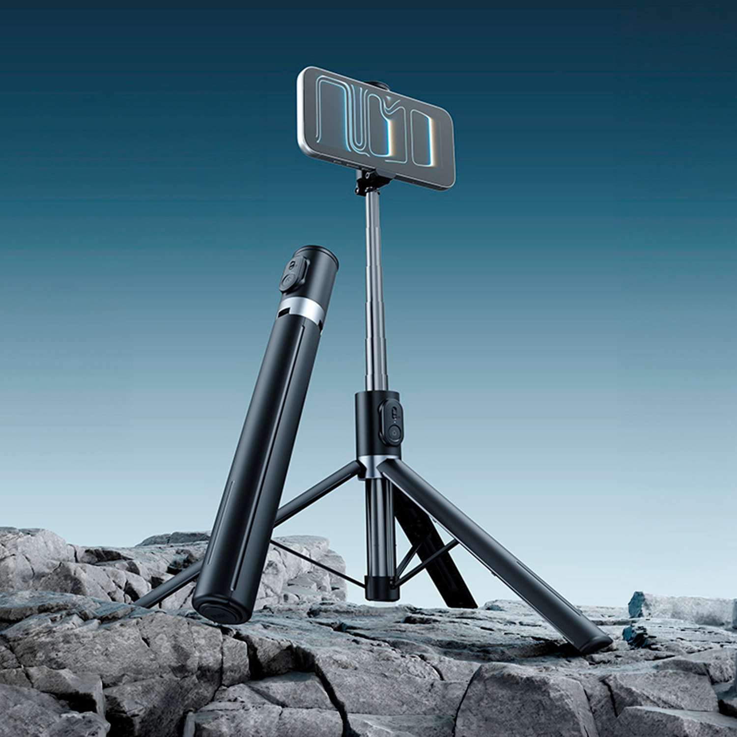 Bastone per selfie estensibile fino a 1,7 m con funzione treppiedi e telecomando.