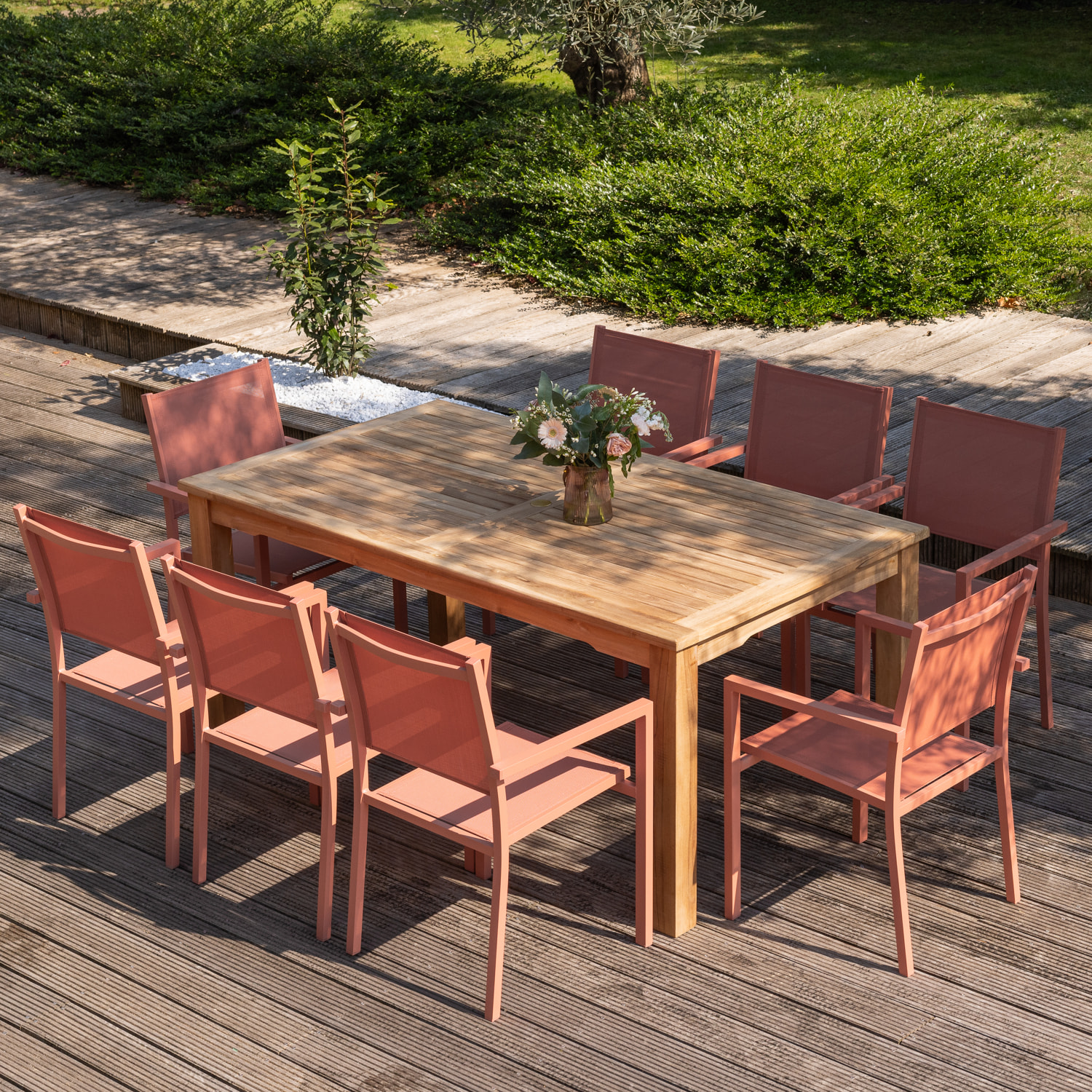 Salon de jardin en teck JAVA avec chaises en aluminium terracotta - 8 places