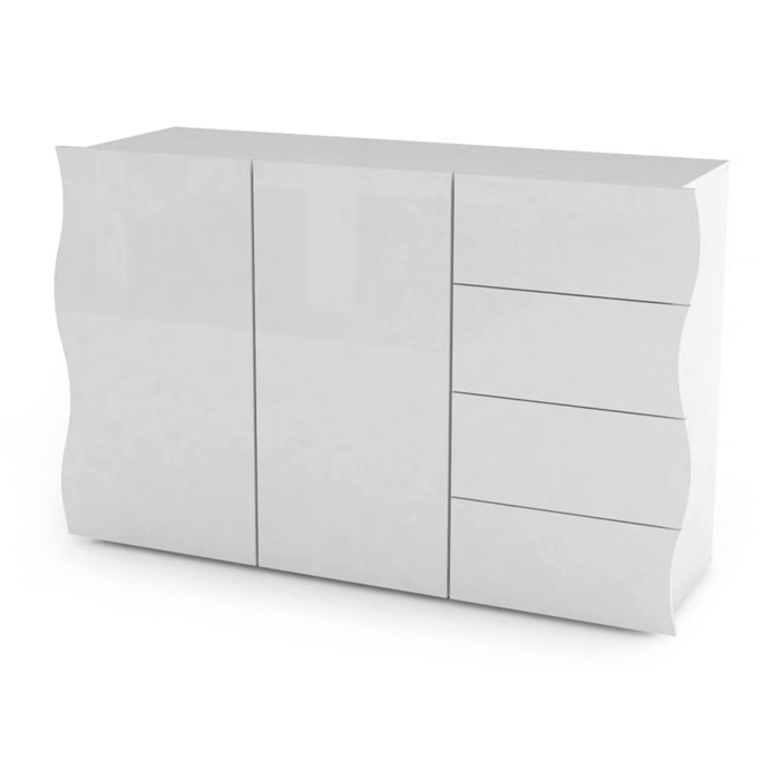 Credenza ondulata, Madia di design a 2 ante e 4 cassetti, Made in Italy, Mobile Porta TV, Buffet da soggiorno, cm 124x40h81, colore Bianco lucido