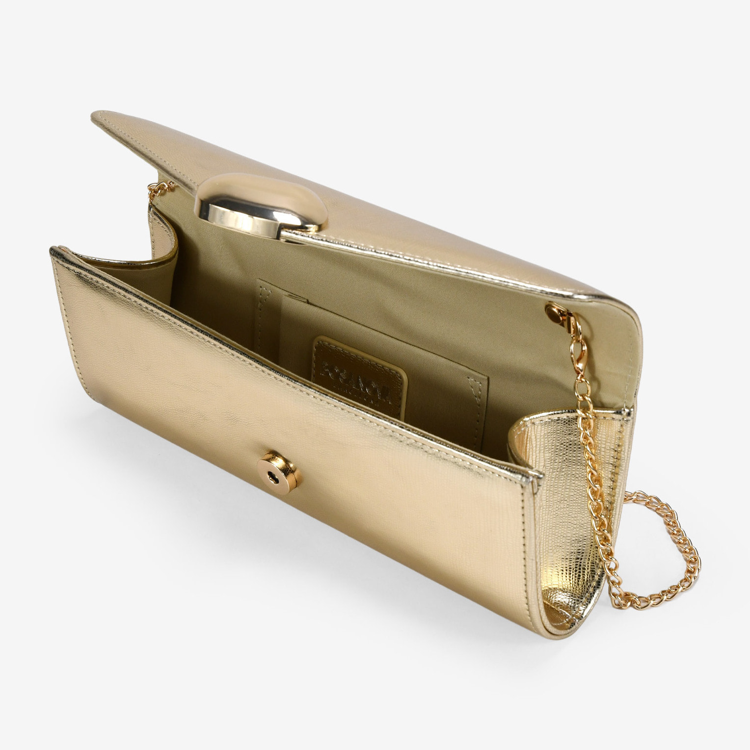Bolso de fiesta dorado con solapa y aplique