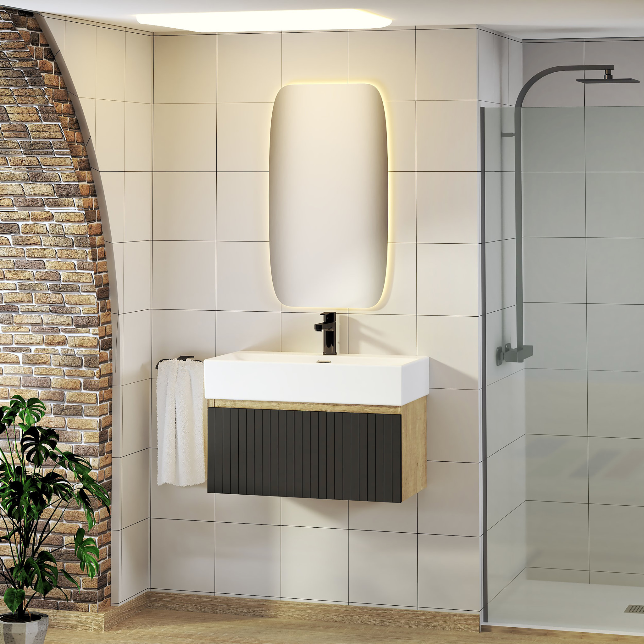 ENSEMBLE DE SALLE DE BAIN ZEL | MEUBLE SUSPENDU | 70 CM NOIR | UN TIROIR | LAVABO ENCASTRÉ | MIROIR NON INCLUS | MEUBLE MONTÉ | ALDAY