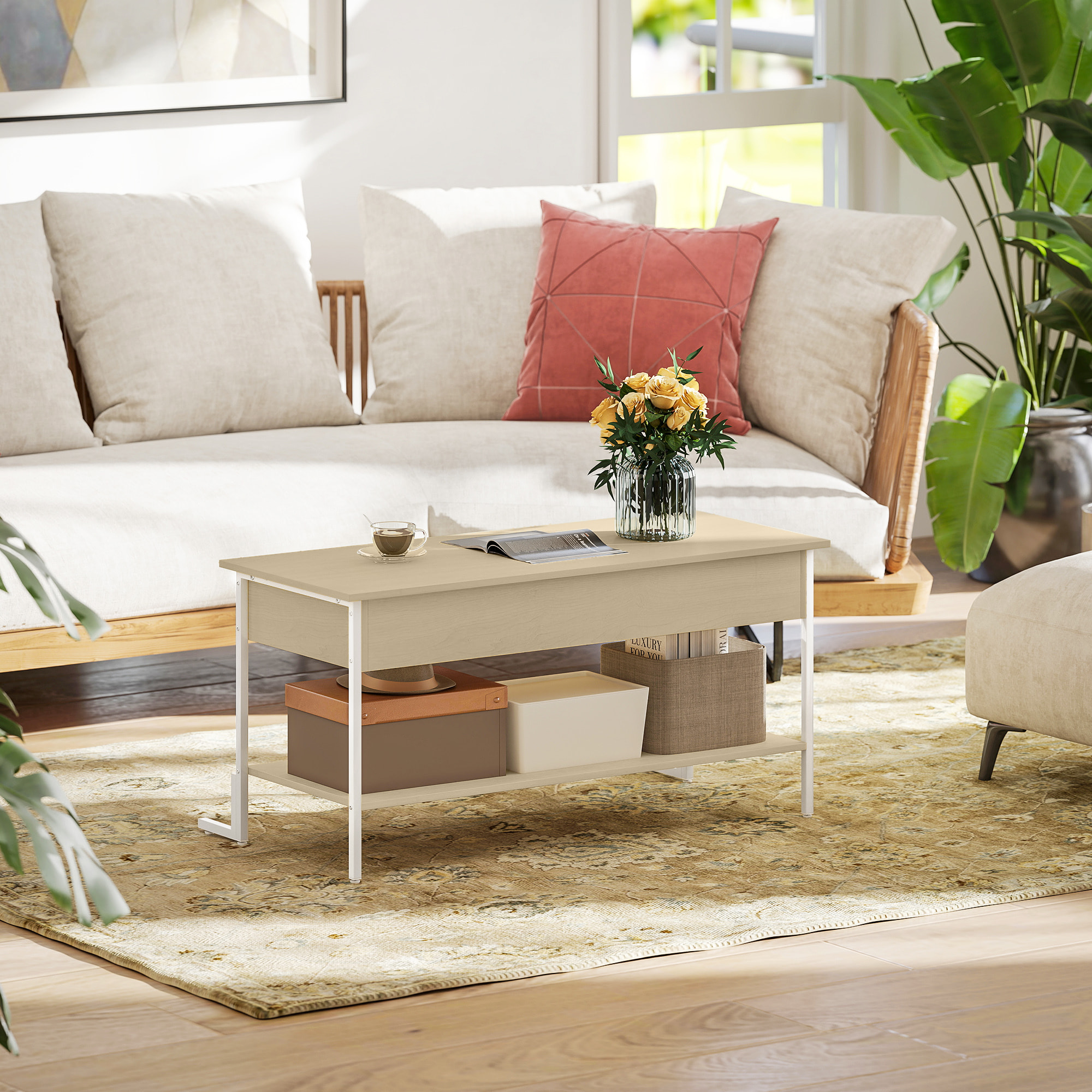 Mesa de Centro Elevable Mesa de Café con Cierre Suave Espacio Oculto de Almacenaje y Estante Abierto 95x40x59 cm Natural y Blanco