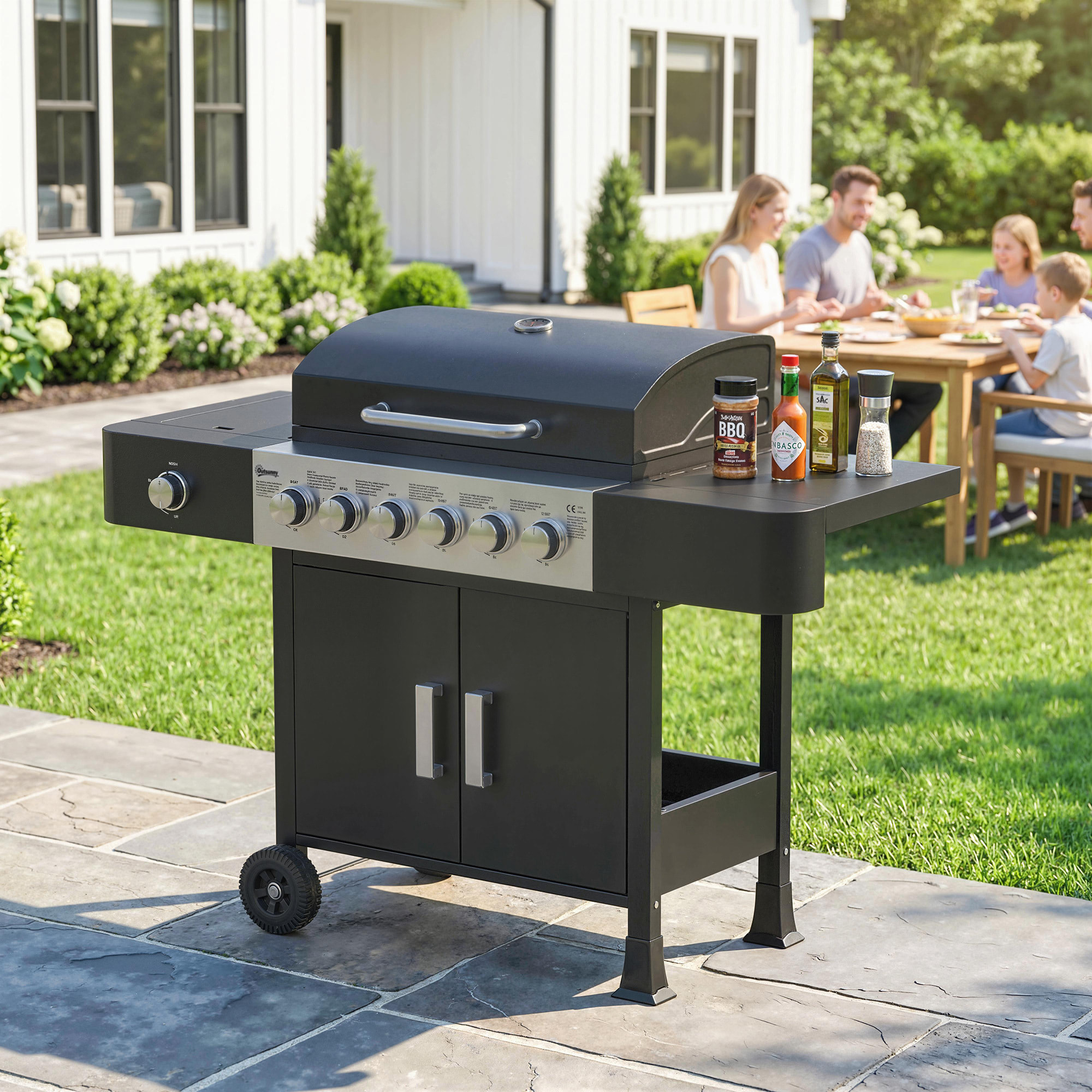 Barbecue à gaz  6+1 brûleurs thermomètre intégré - chariot portable avec roues - métal - noir