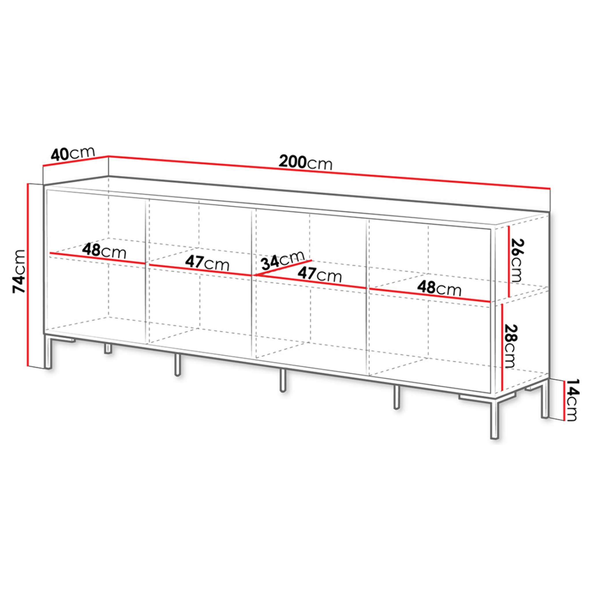 Cambridge - buffet bas - effet bois et noir - 4 portes - 200 cm - Bois / Noir
