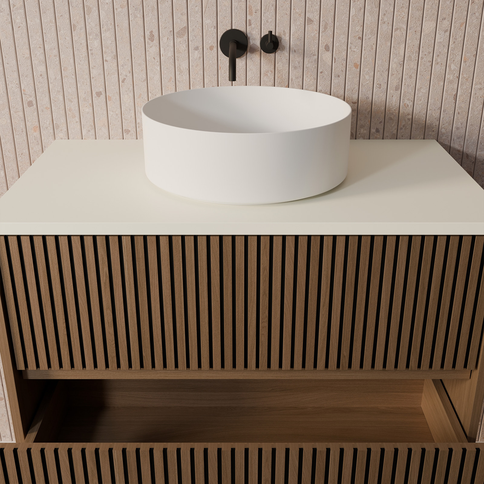 Meuble Salle de Bains 80 2 Tiroirs Décor Chêne et Noir - Vasque et Plan Blancs - Miroir Ovale