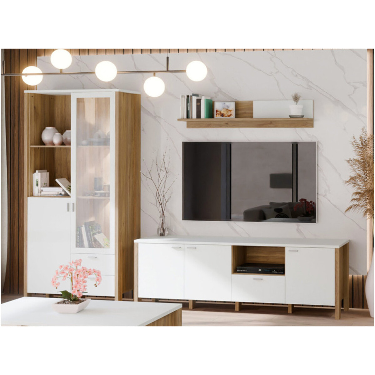 Vaisselier vitré H200 cm 2 tiroirs 2 portes décor gris clair - BOLERO