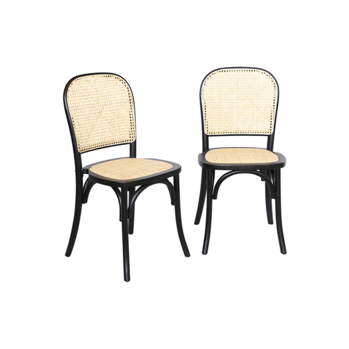 Lot de deux chaises vintage noires en bois avec assise et dossier en rotin