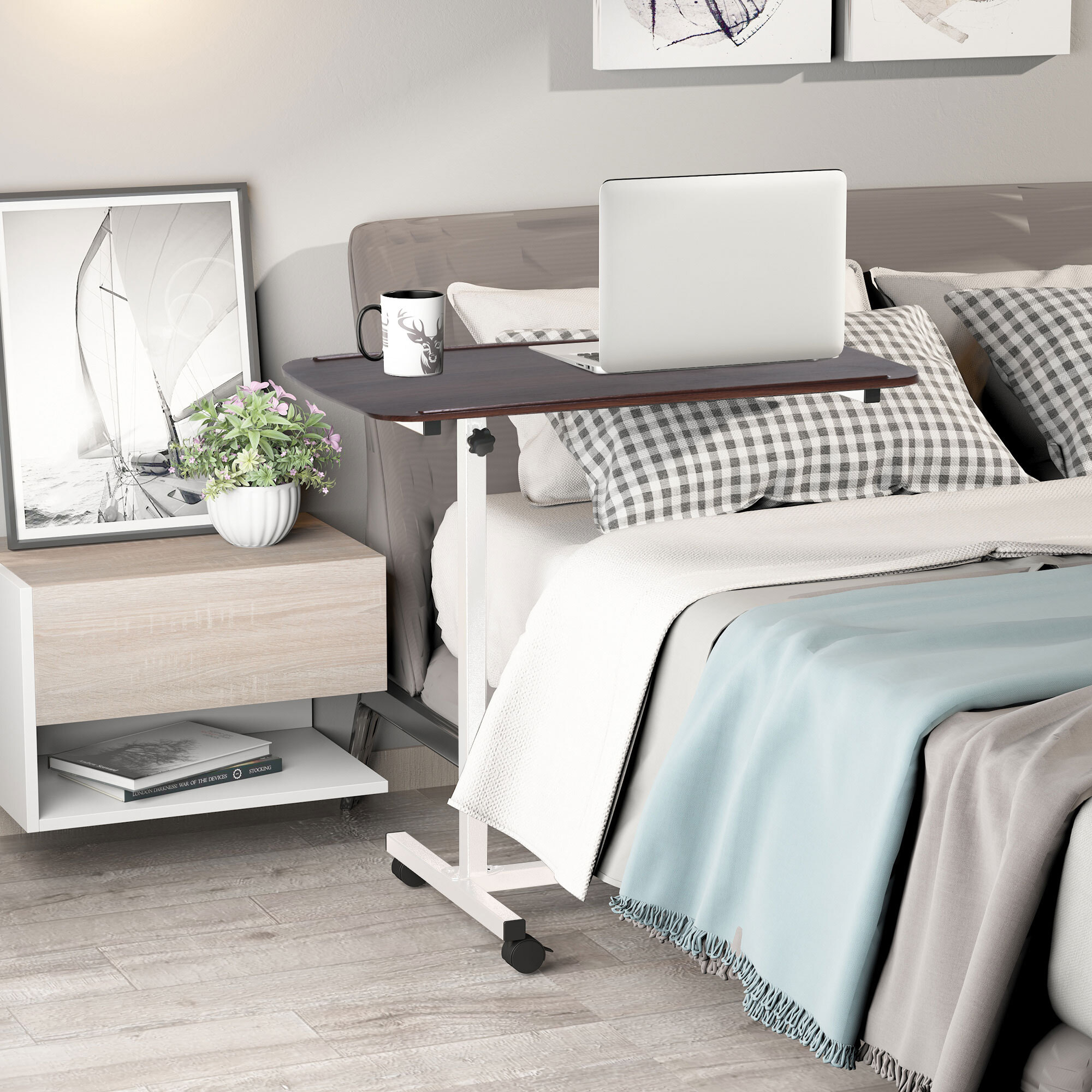 Mesa Auxiliar con Ruedas, Mesa para Sofá y Cama, Altura Ajustable y Marco de Acero, para Dormitorio, Salón, Oficina, 77x40x76-100 cm, Nogal Oscuro y Blanco