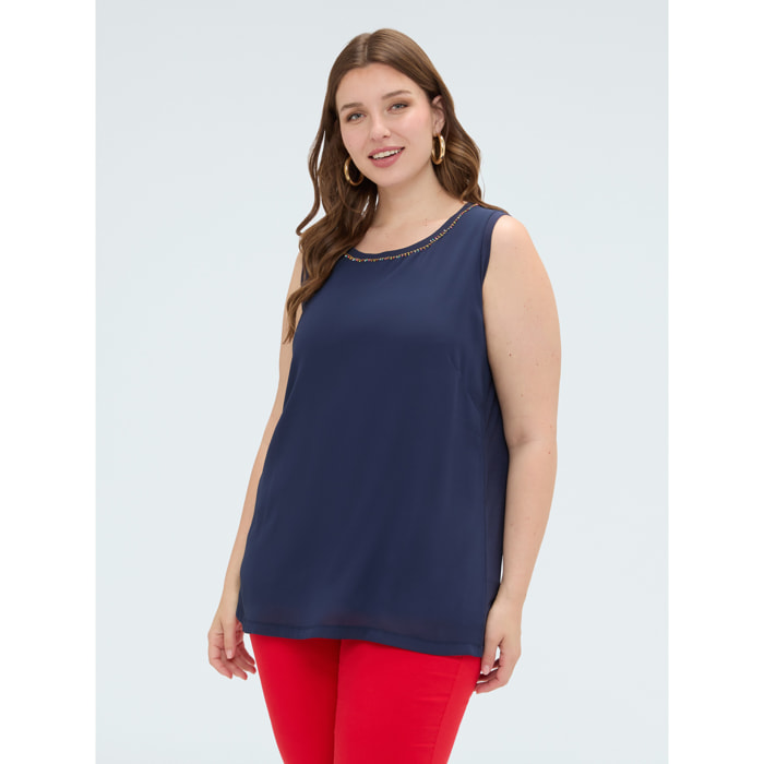 Fiorella Rubino - Top bimaterico in viscosa con applicazioni - Blu