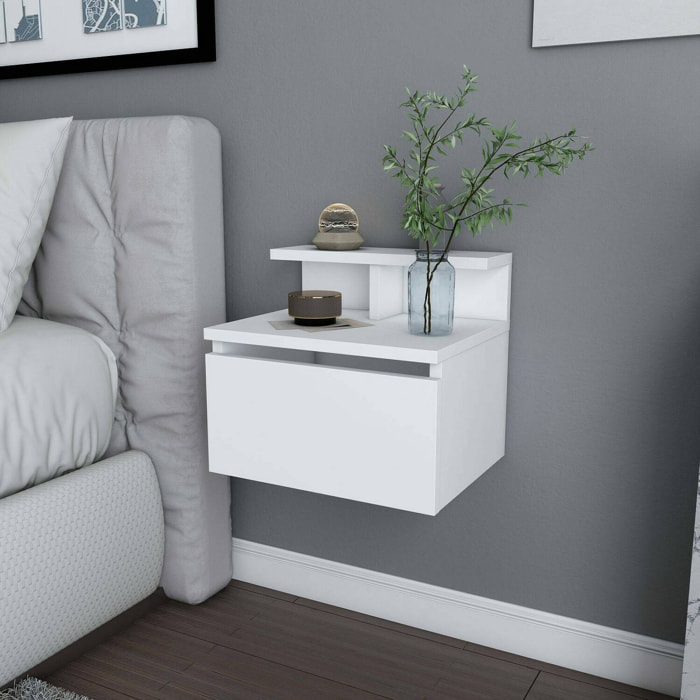 Comodino Auring, Comò basso, Tavolino da notte, Mensola da letto, 40x32h35 cm, Bianco