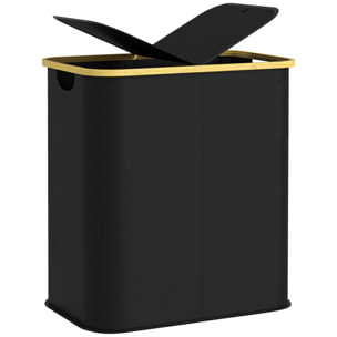 Cesto de Ropa Sucia con Tapa, 80L, Cesta de Ropa Sucia Plegable de Tela no Tejida, Marco de Bambú, con 2 Compartimentos, Asas de Ranura, para Lavandería, 54x34x58,5 cm, Negro