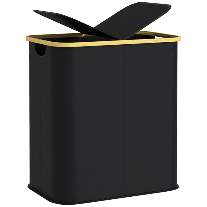 Cesto de Ropa Sucia con Tapa, 80L, Cesta de Ropa Sucia Plegable de Tela no Tejida, Marco de Bambú, con 2 Compartimentos, Asas de Ranura, para Lavandería, 54x34x58,5 cm, Negro