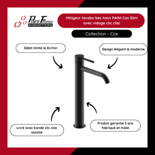 Mitigeur lavabo bec haut PAINI Cox Slim noir mat avec vidage clic-clac