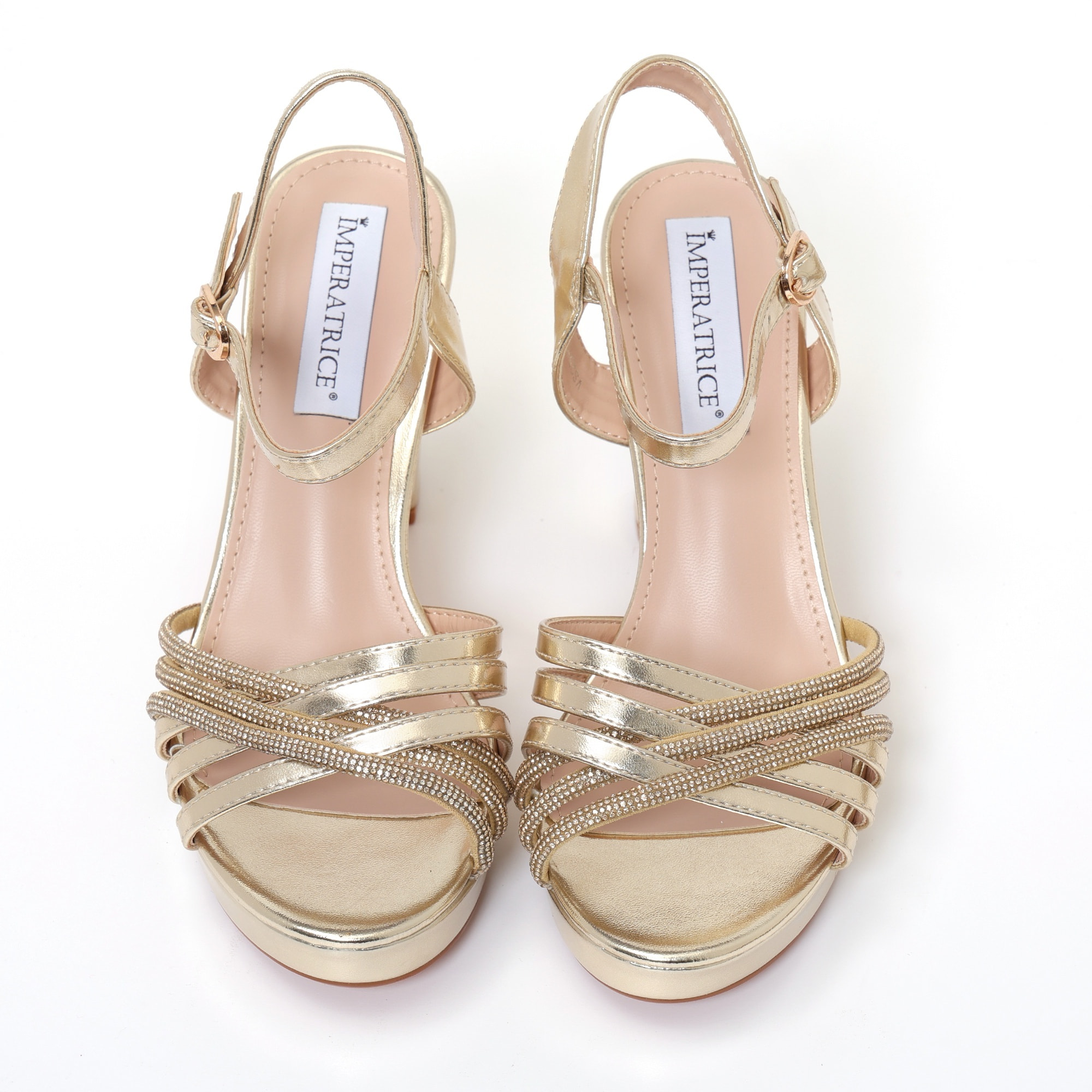 Sandali in simil pelle con tacco alto comodo e fasce ricoperte di strass