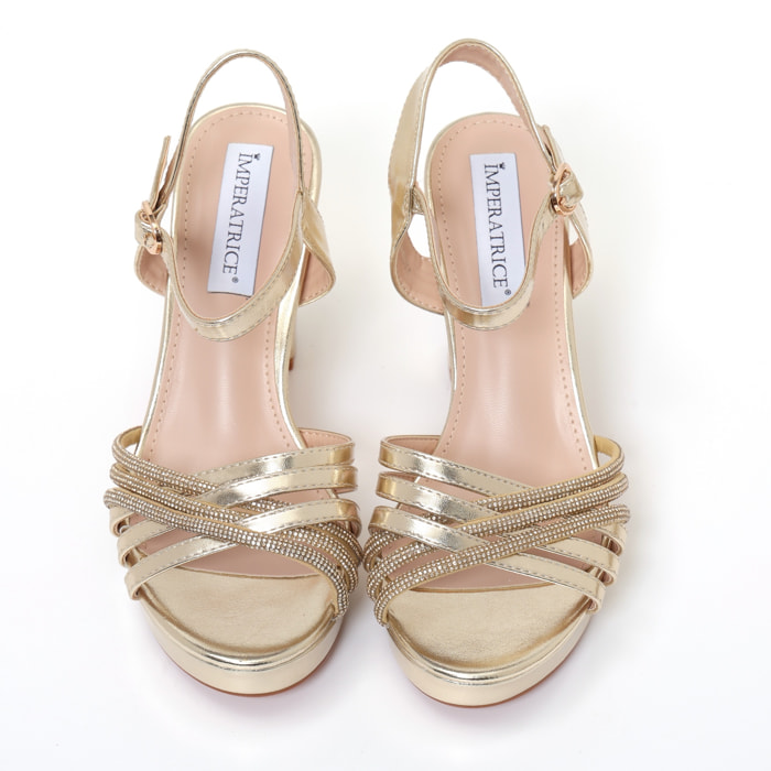 Sandali in simil pelle con tacco alto comodo e fasce ricoperte di strass