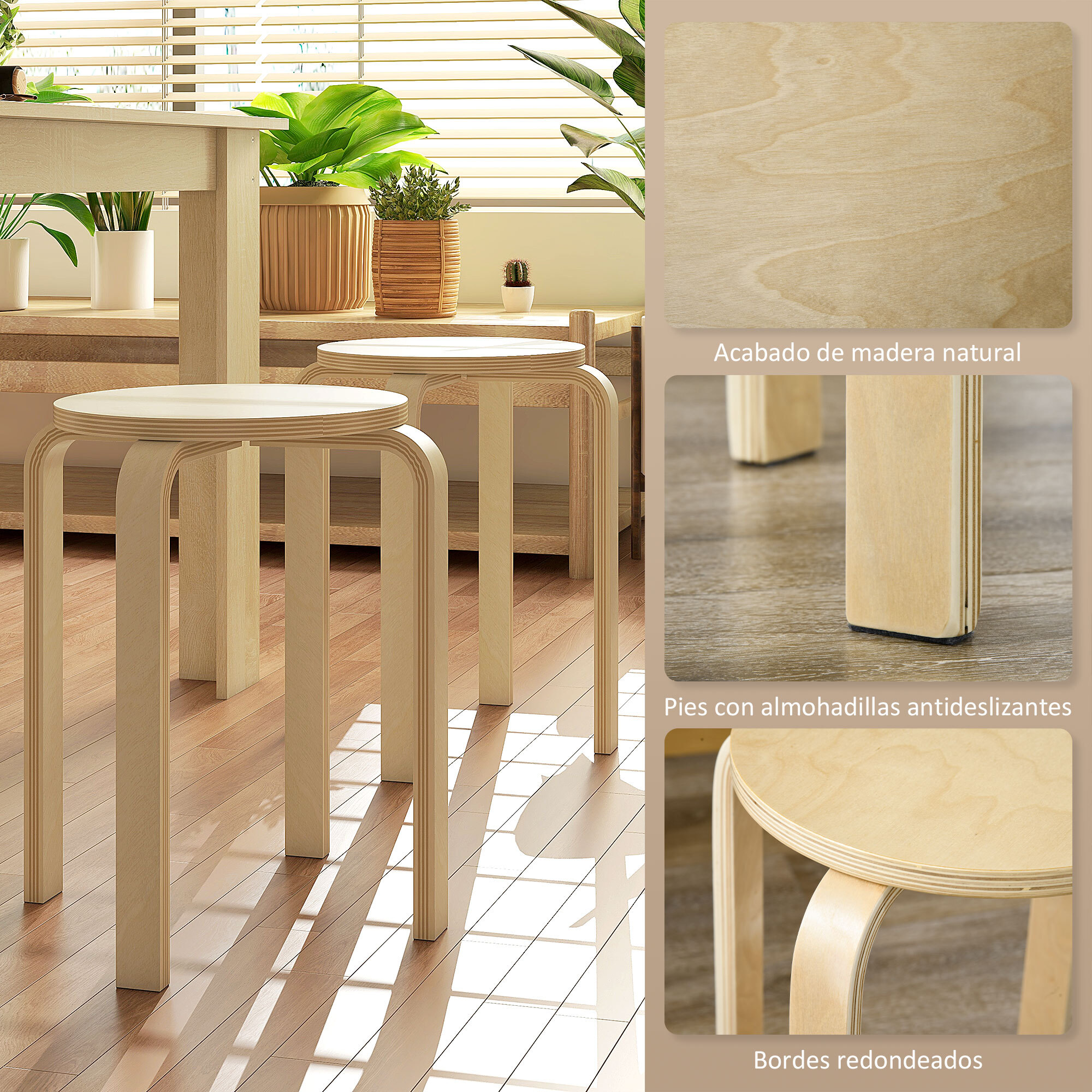 Taburetes Apilables Juego de 4 Taburetes Multiusos Taburetes de Madera Redondos Carga 120 kg para Cocina Salón Dormitorio Estudio Ø40x45 cm Madera Natural