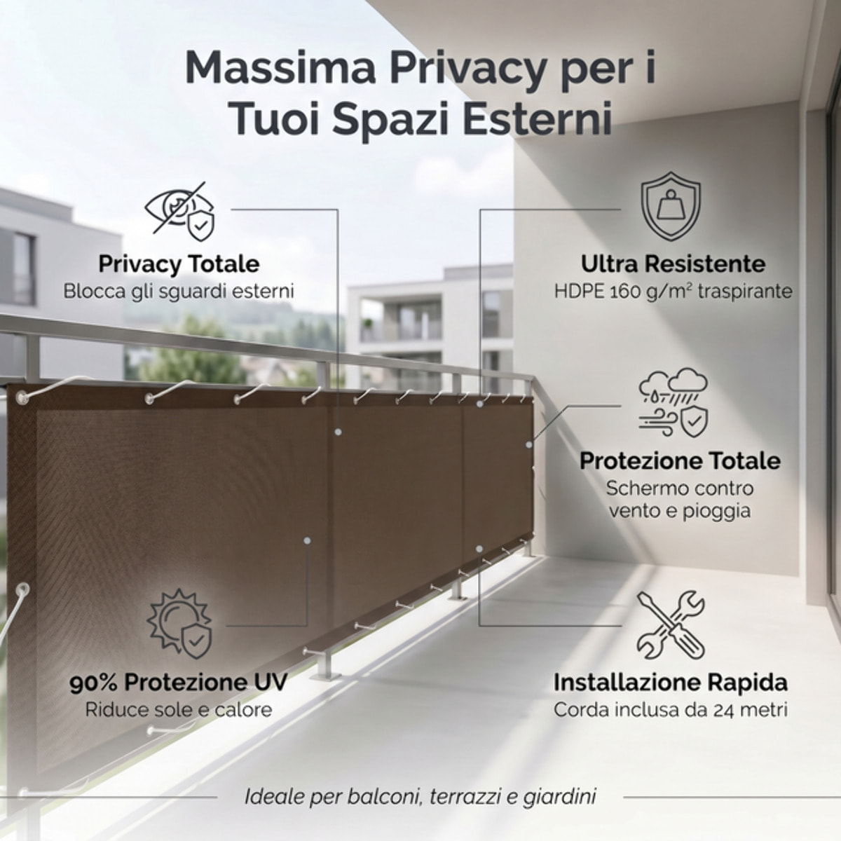 Telo copri balcone frangivento impermeabile 0,9x5 m in HDPE, schermatura privacy oltre 90%, protezione UV 95%, con occhielli e corda, resistente a vento e pioggia, ideale per ringhiera terrazza giardino, facile da installare e durevole