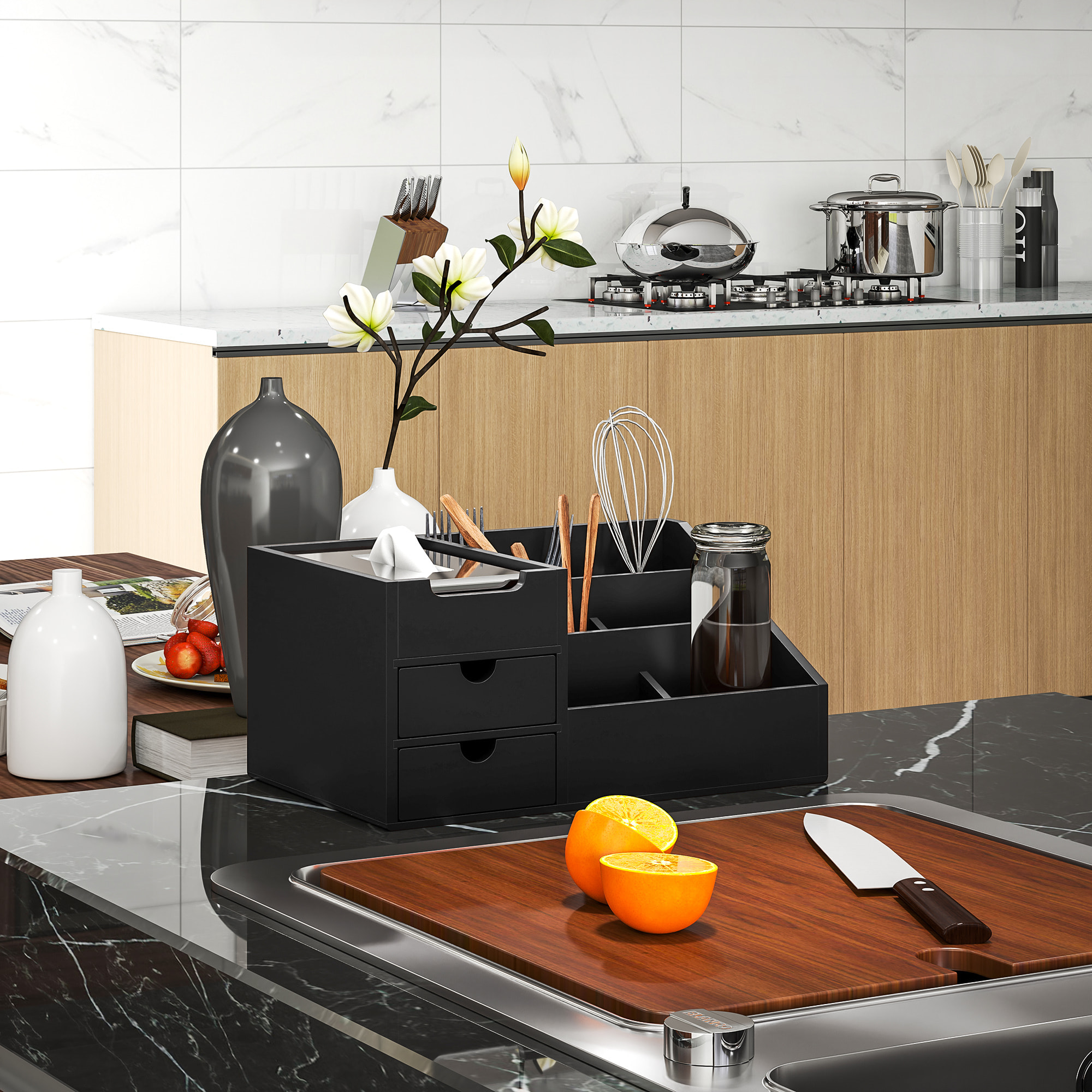 Organizador de Escritorio de Bambú Organizador de Mesa con 2 Cajones 6 Compartimentos y Estante para Oficina Hogar 33x20,5x15,5 cm Negro