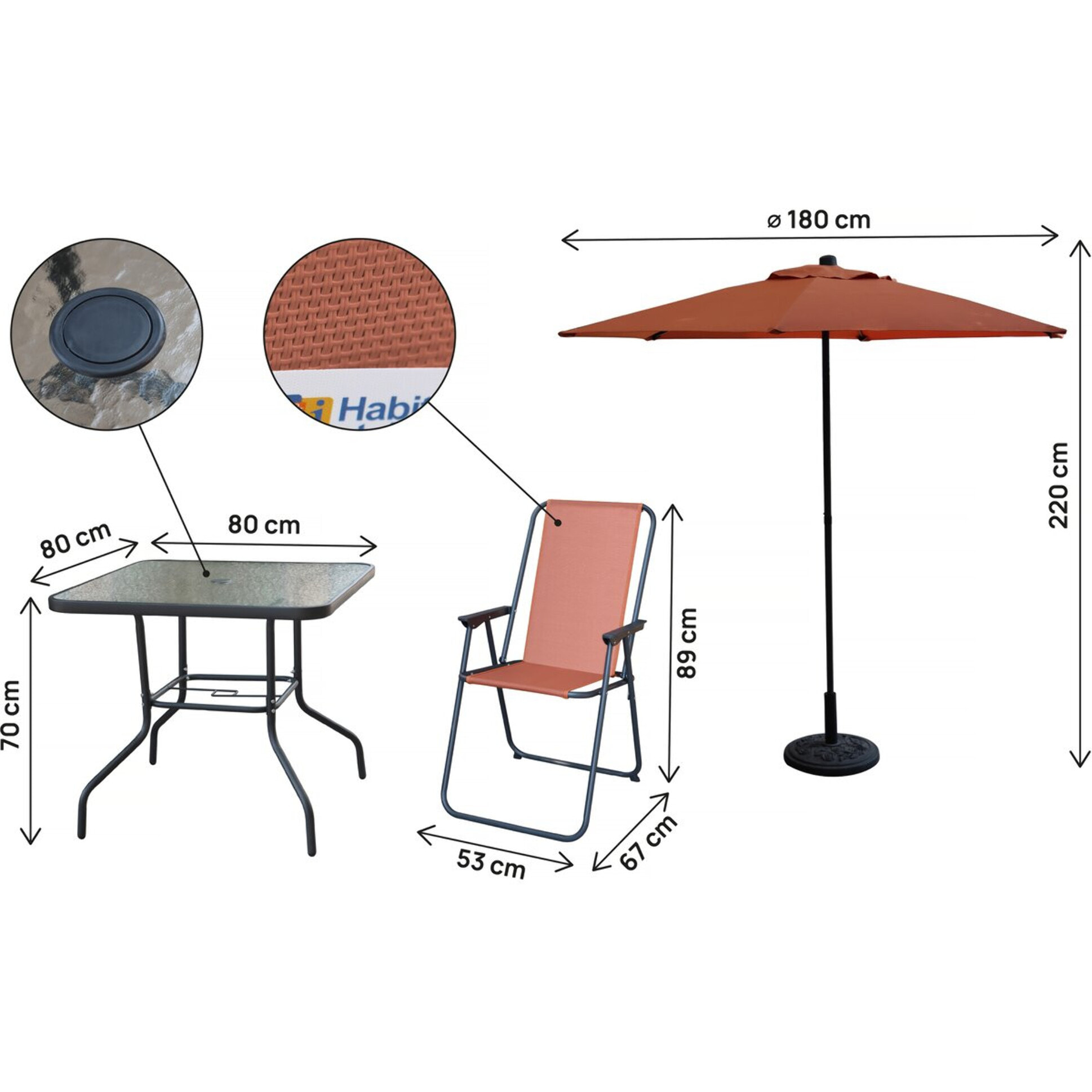 Table et chaises de jardin avec parasol en métal "Convivia" - 4 places - Terracotta