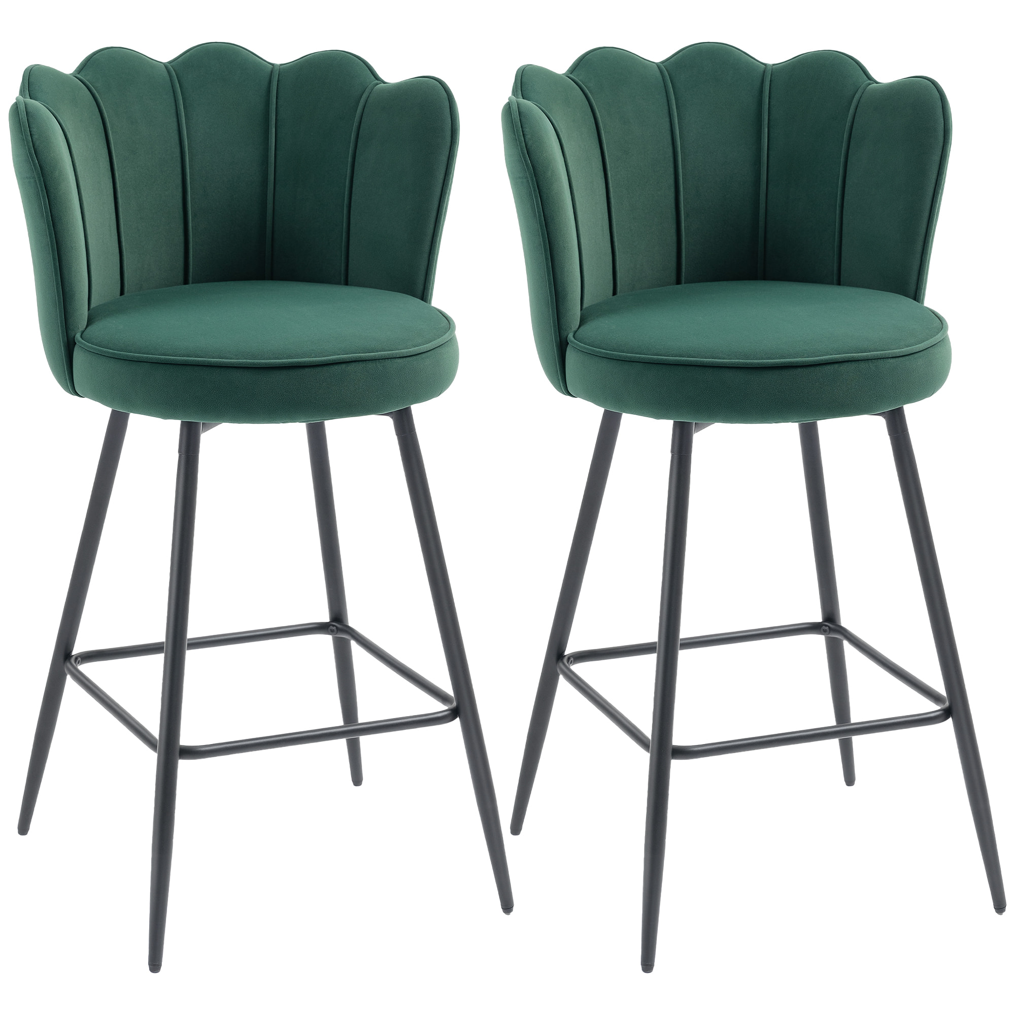 Lot de 2 tabourets de bar velours design coquillage assise H.70cm repose-pieds vert