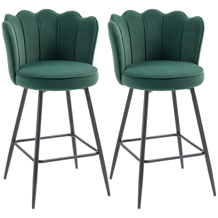Lot de 2 tabourets de bar velours design coquillage assise H.70cm repose-pieds vert