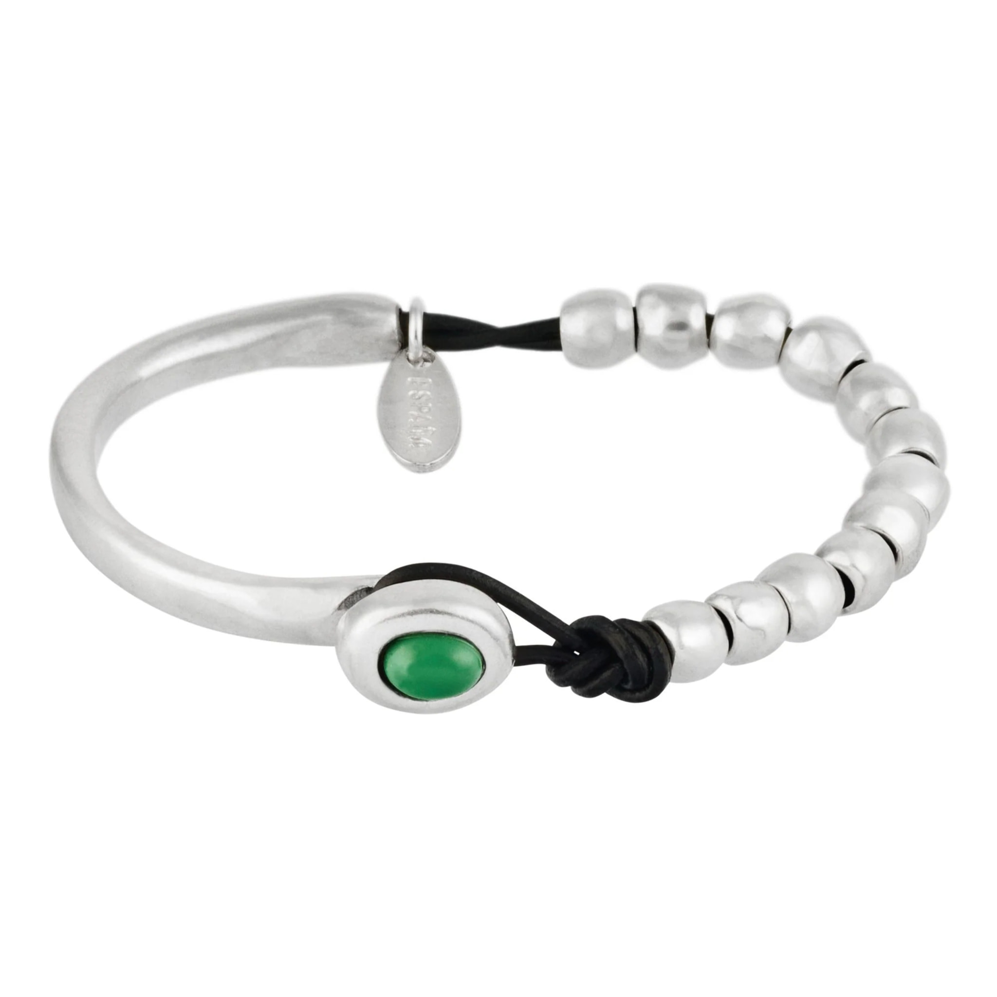 Pulsera cuero plata chapado y resina verde esmeralda