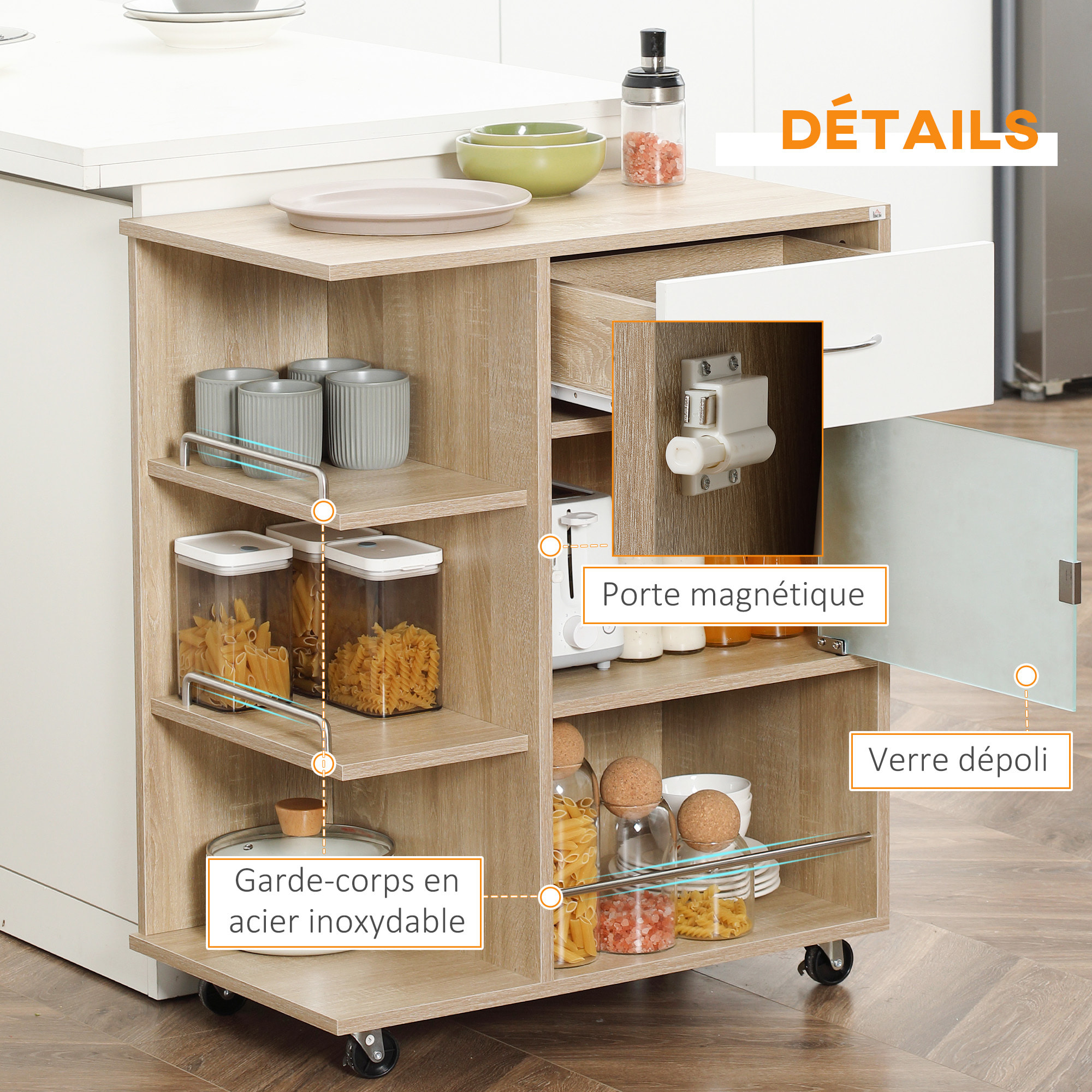 Desserte de cuisine style contemporain - 3 étagères, niche, porte verre, tiroir - effet bois naturel blanc