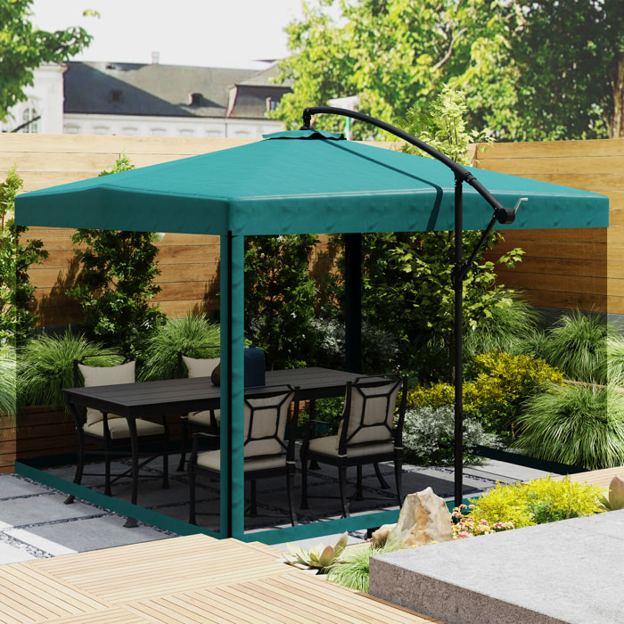 Parasol Excéntrico Ø 295 cm Sombrilla de Jardín con Ángulo Ajustable Mosquiteras Base Cruzada y Manivela para Terraza Patio Exterior Verde Oscuro