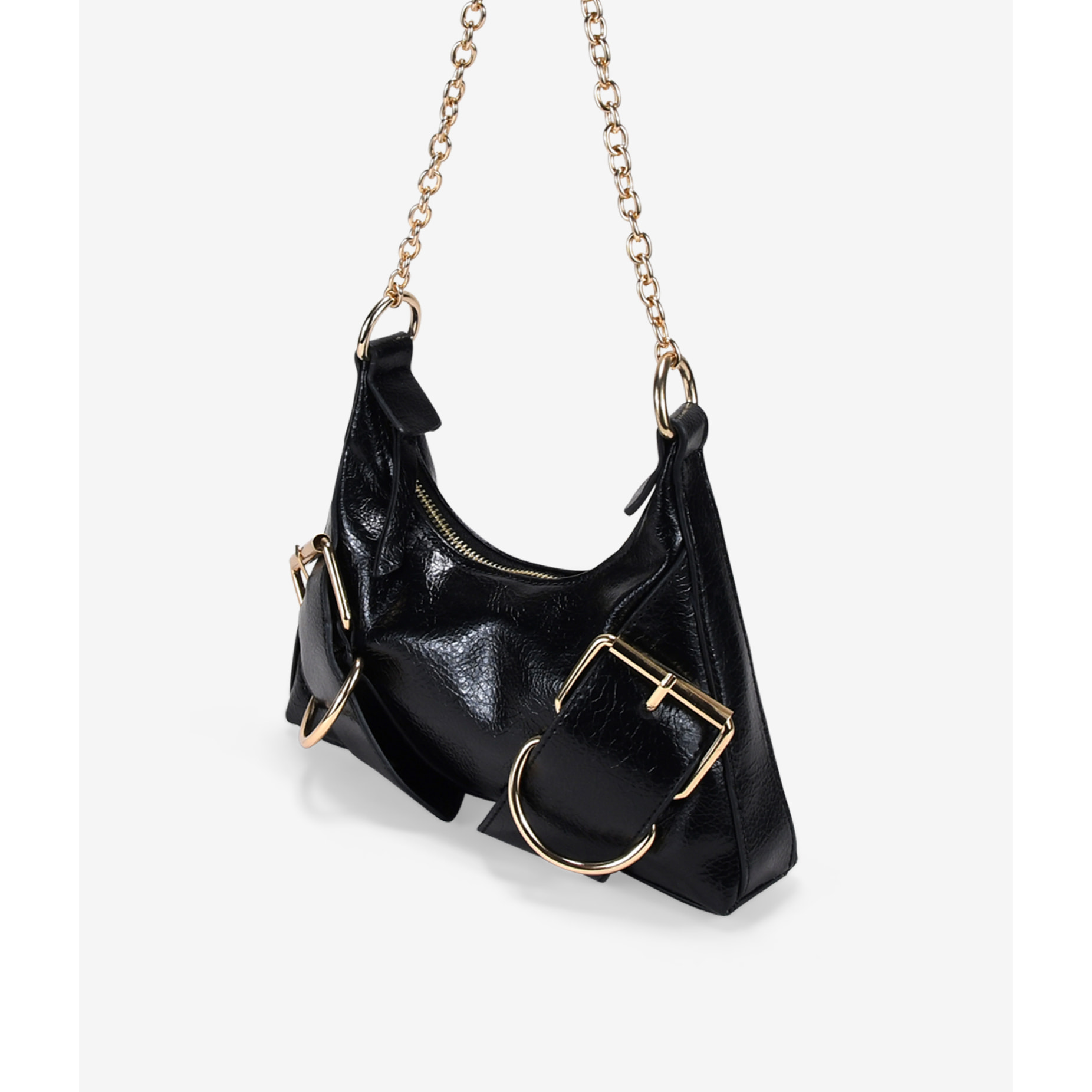 Bolso de hombro negro con hebillas y cadena