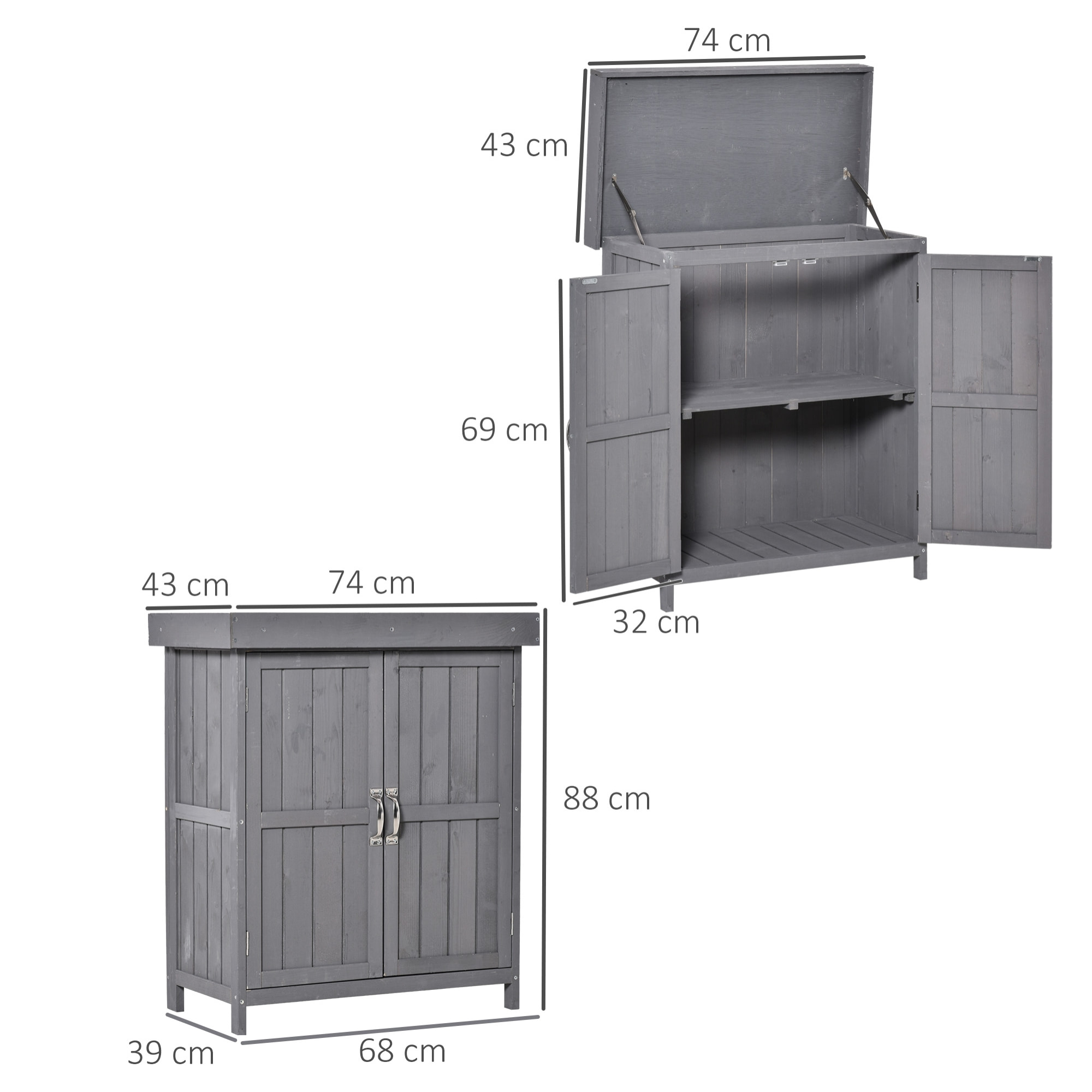 Armoire de jardin sur pied double porte étagère et toit bitumé relevable dim. 74L x 43l x 88H cm bois sapin gris