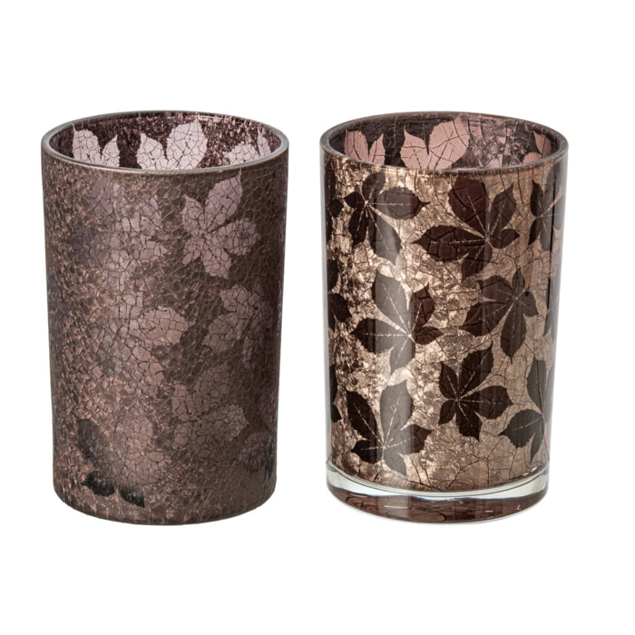 J-Line photophore feuilles craquelé - verre - marron foncé/beige - large - assortiment de 2