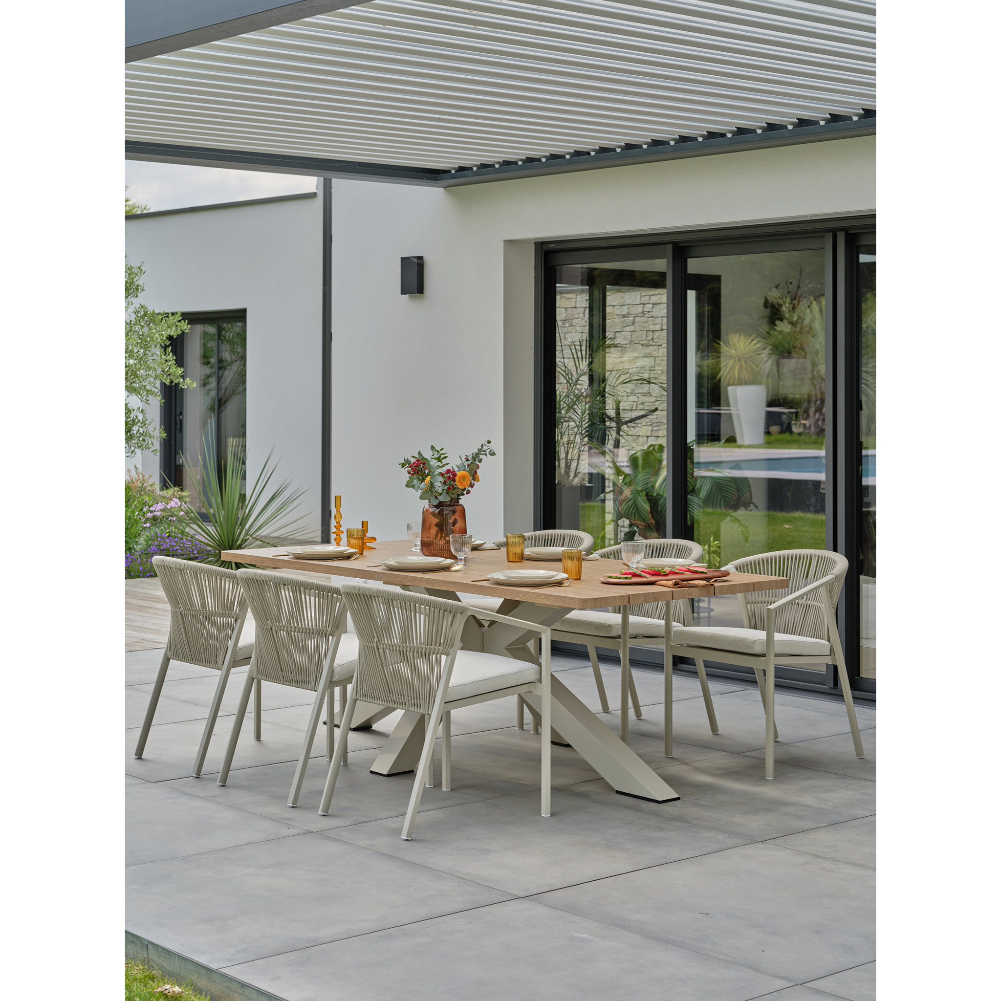 KELIA - Ensemble repas de jardin 6 places - Grège