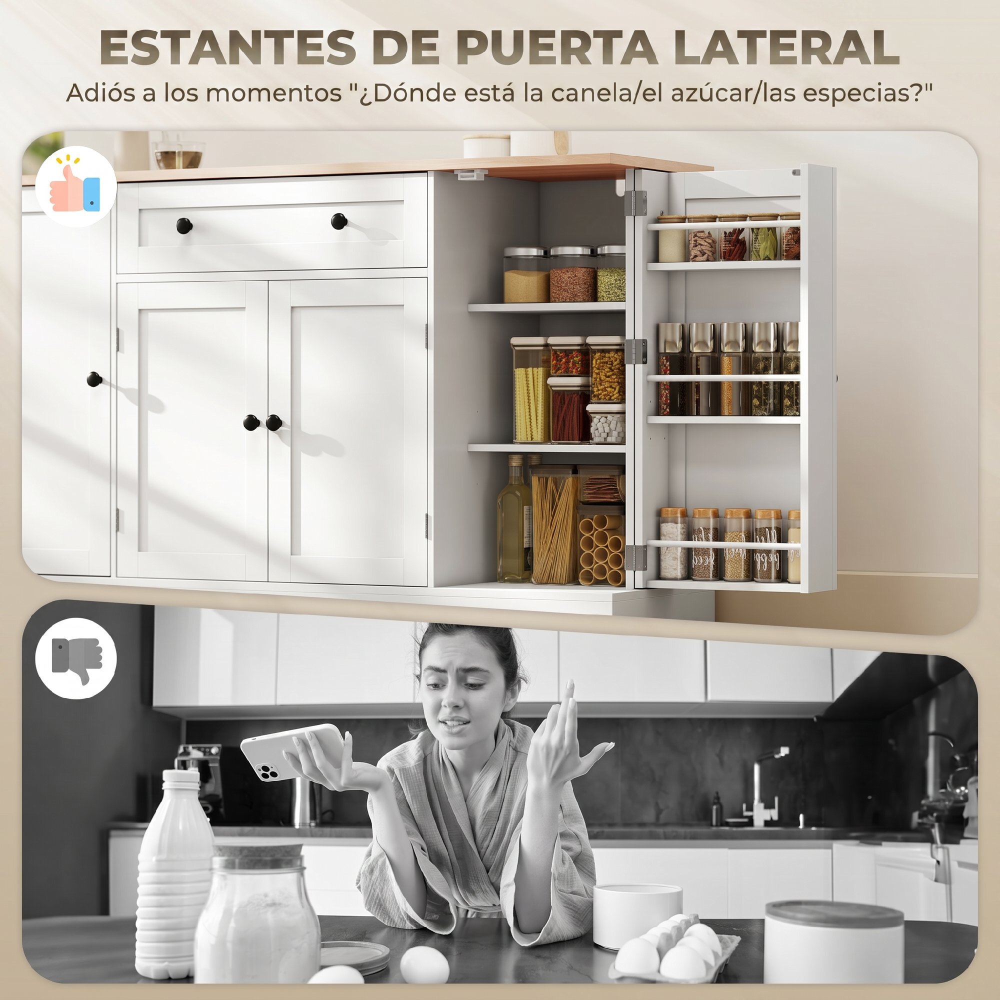 Aparador, Armario de Cocina Moderno con Cajón, Estantes en las Puertas, Estantes Ajustables, Barra de Café, Aparador para Cocina, Comedor, 138x40x83,5 cm, Blanco