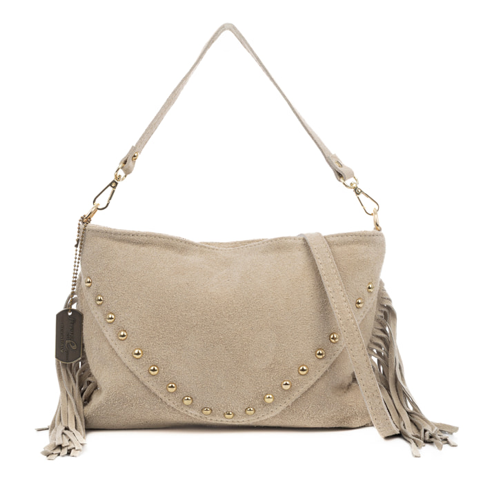 Bellegra Bolso de hombro Mujer. Piel auténtica Gamuza con detalles metálicos.