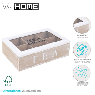 WELL HOME - Caja de té de 6 compartimentos con tapa de vidrio en MDF blanco