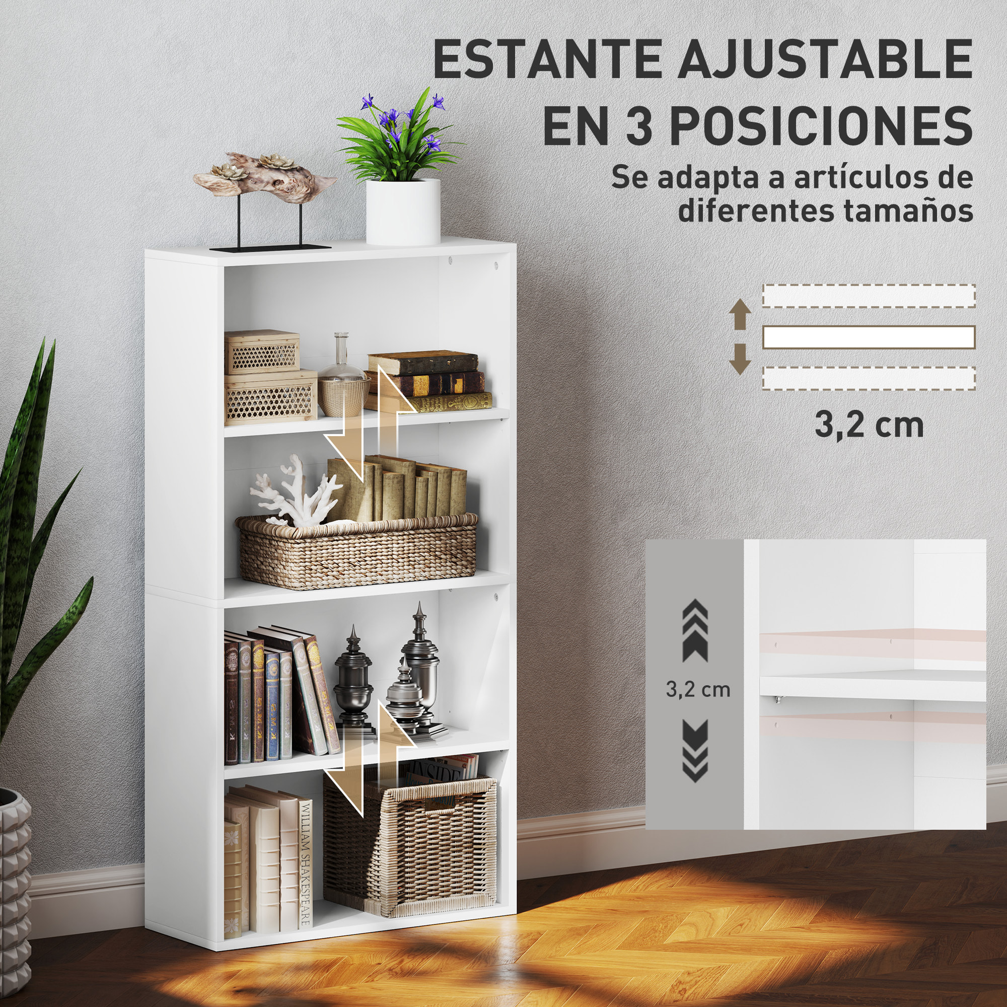Librería de 4 Niveles Estantería de Libros con 2 Estantes Ajustables para Sala de Estar Oficina Dormitorio 60x24x115,5 cm Blanco