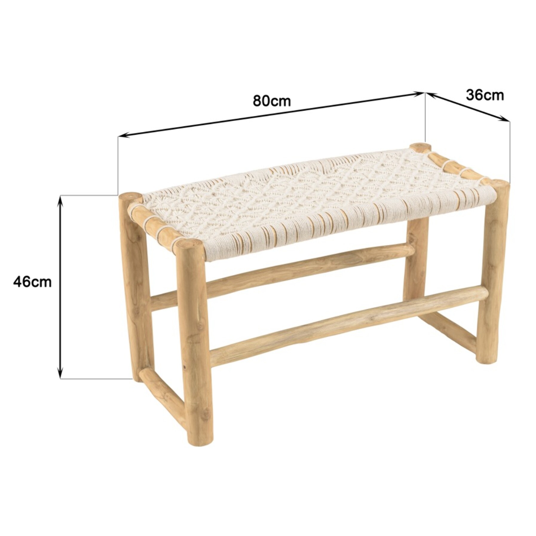 WILL - Banc en branches de teck naturel assise en macramé blanc