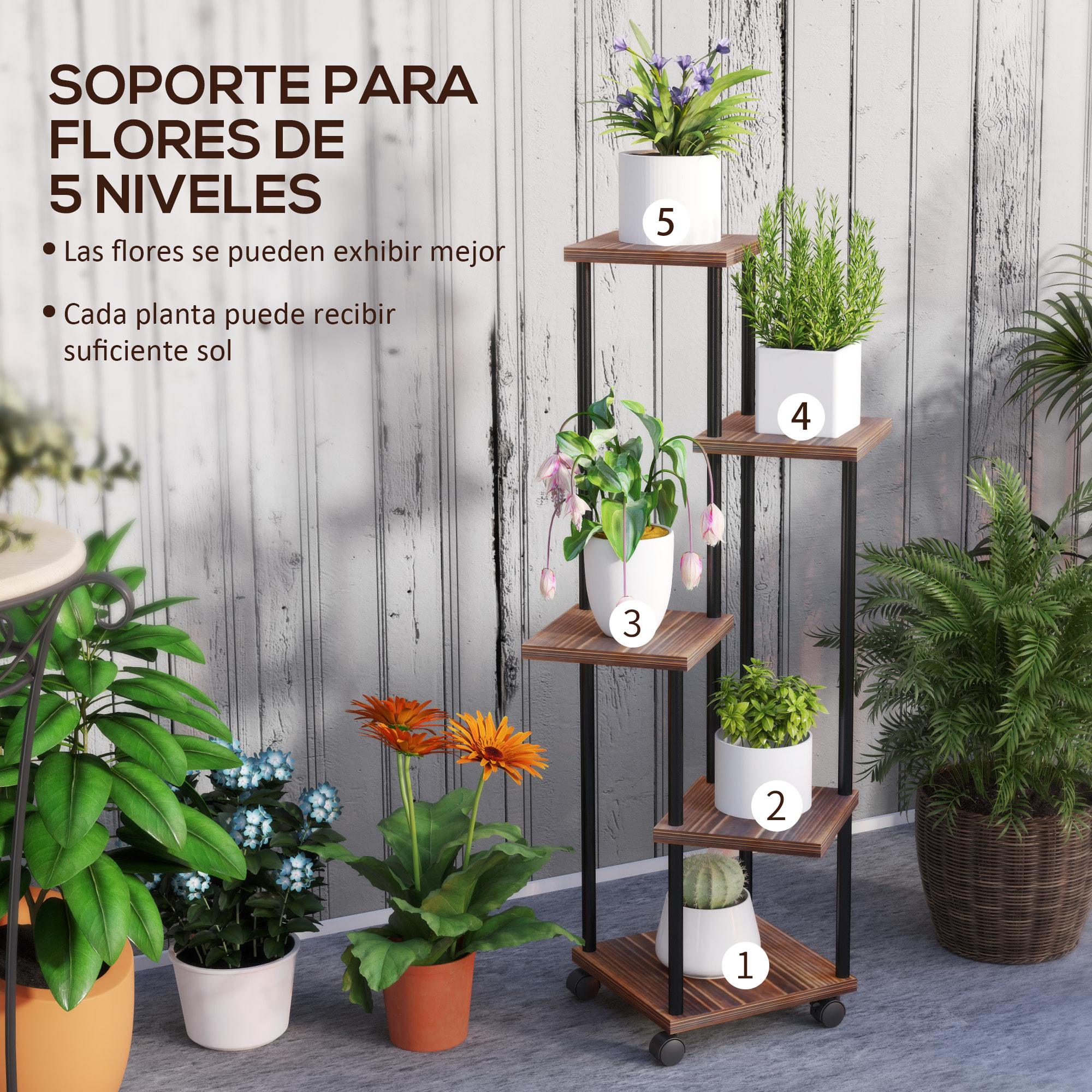 Estantería para Plantas de 5 Niveles Soporte para Plantas de Madera y Acero con 5 Estantes Cuadradas y 4 Ruedas Soporte para Macetas para Interior y Exterior 59x59x110 cm Carbonizado