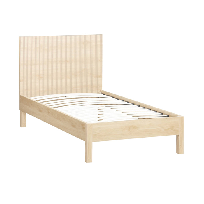 Lit avec sommier à lattes et tête de lit 90x190cm décor bois LINEAR