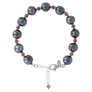 PERLAVIVA - Bracciale in Argento 925 placcato Rodio con Quarzo Rosso e Perle d'Acqua Dolce Grigie Ø 10/11 mm