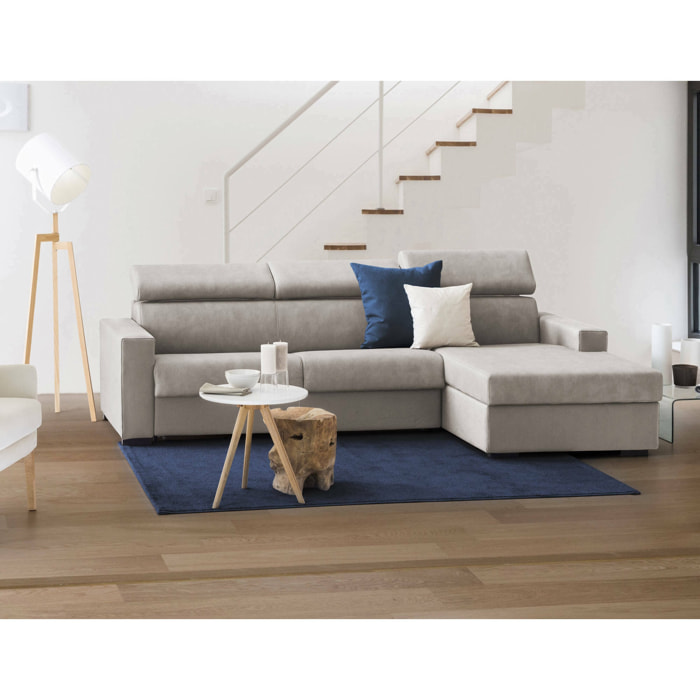 Divano fisso Mikaela, Divano ad angolo, 100% Made in Italy, Sofà Soggiorno con chaise longue, in tessuto imbottito - Penisola contenitore Destra, con Braccioli slim, Cm 280x95h85, Tortora