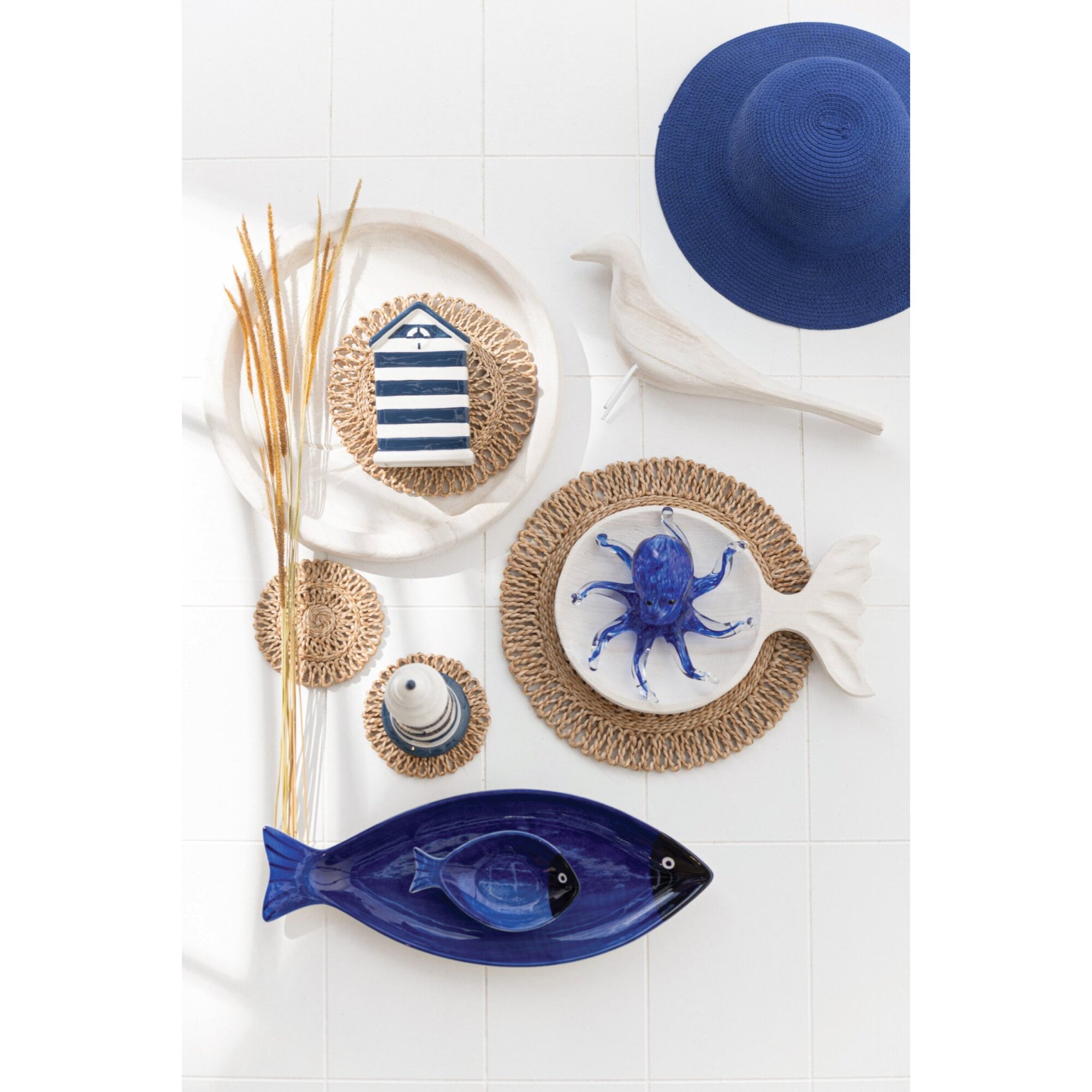 J-Line Cache-Pot Beach House - porcelaine - bleu/blanc - small - 2 pièces