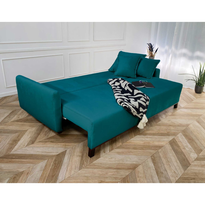 Apia - canapé 3 places - convertible avec coffre - en velours - Bleu canard