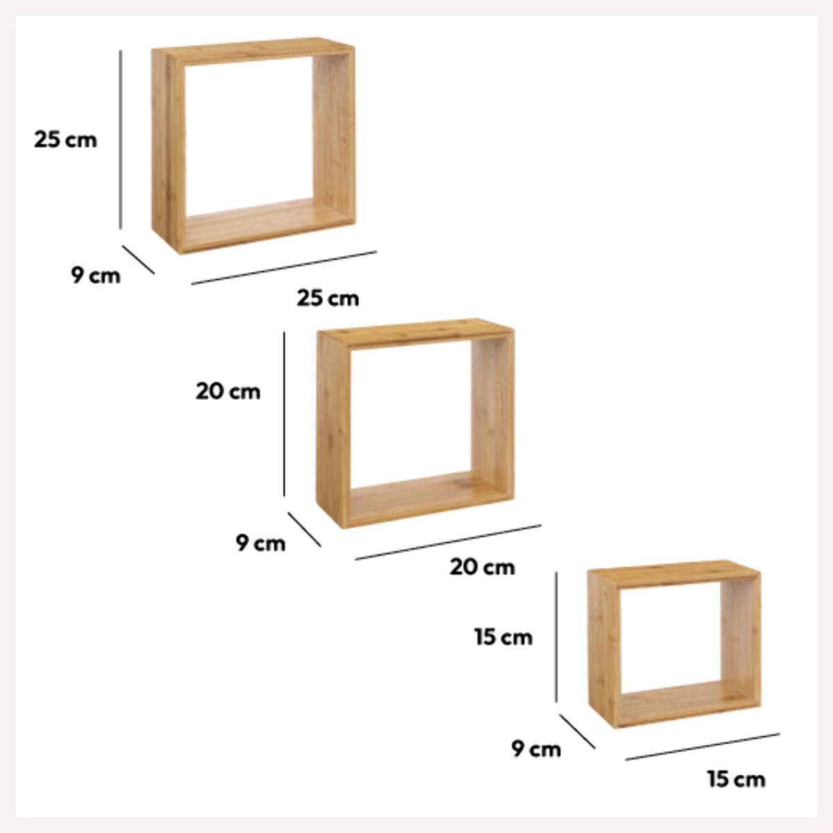 3 petites étagères murales cube Bambou Fixy